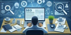 Човек, седнал на бюро, заобиколен от дигитални илюстрации на SEO инструменти и аналитични инструменти като лупи, зъбни колела, графики и документи; символизиращи комплексната работа, свързана с оптимизацията за търсачки.